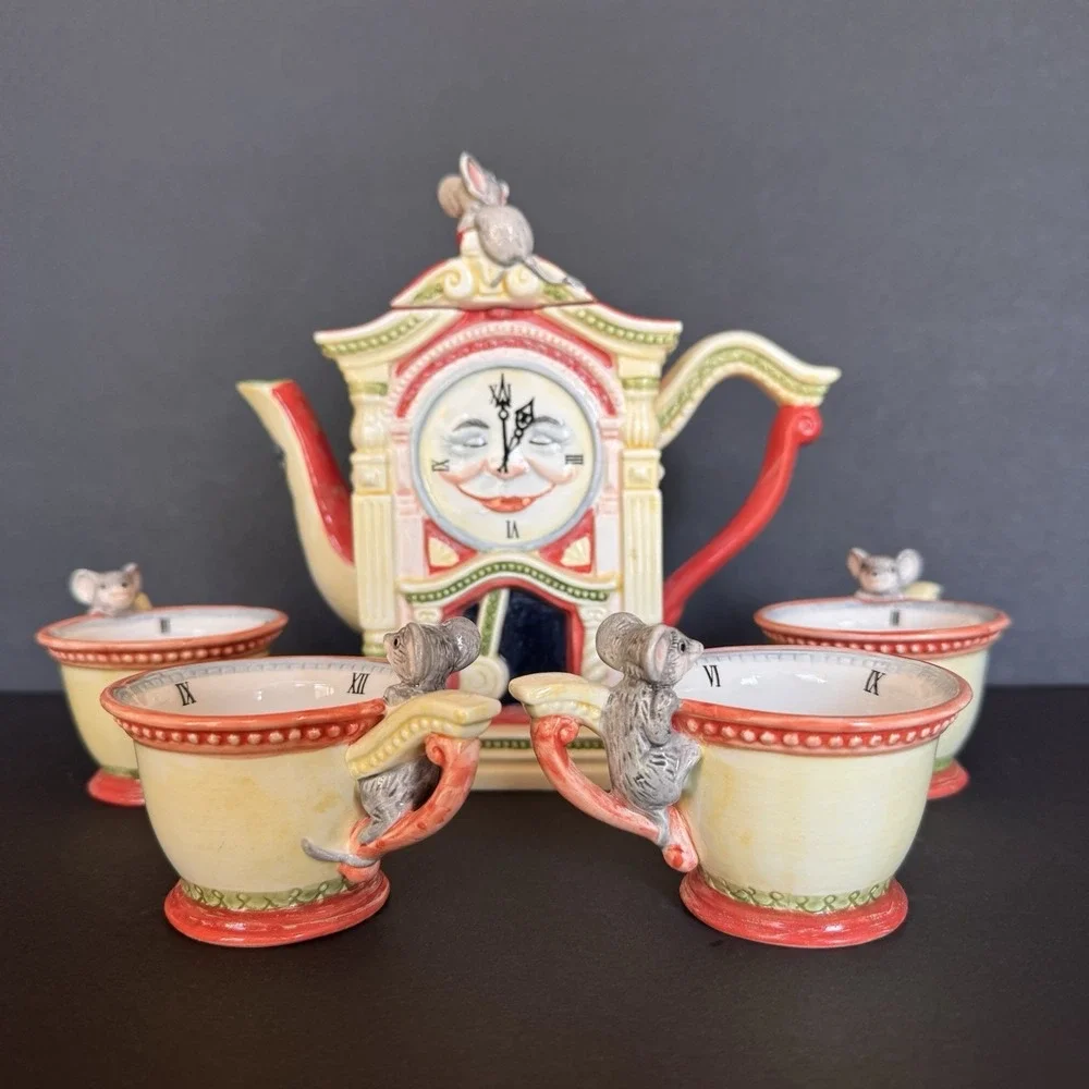 Vintage Department 56 Storybook Hickory Dickory Dock Handpainted Ceramic Tea Set